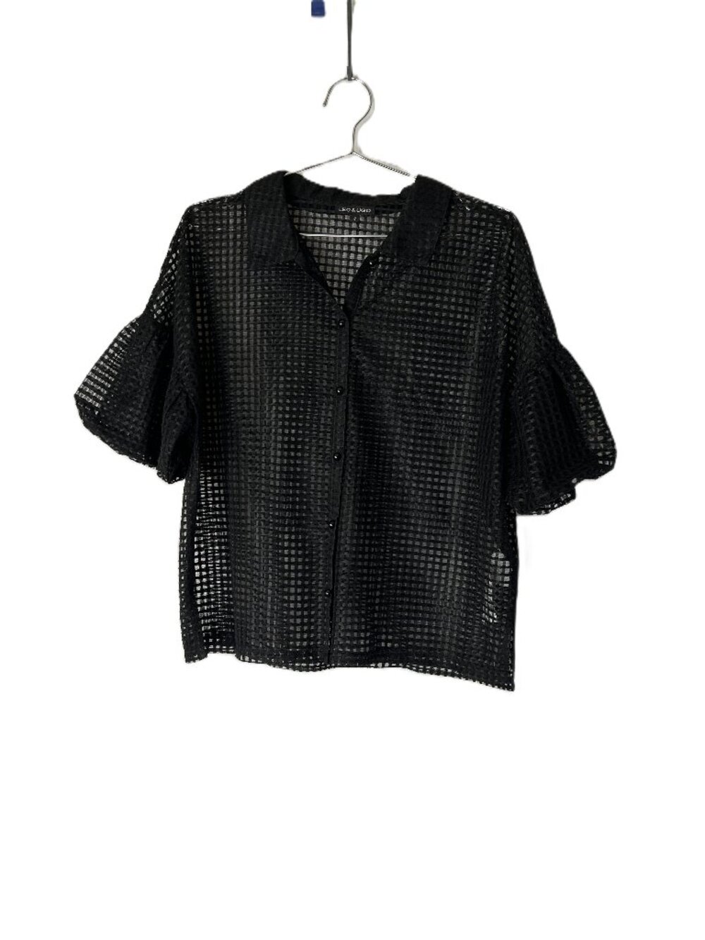 Leo & Ugo Lattice Sheer Blouse Bubble Pleated Sleeves 4 Black